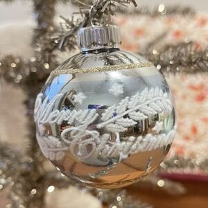 3" Radko Shiny Brite Stenciled Flocked Ornament Merry Christmas Blue Gold Silver